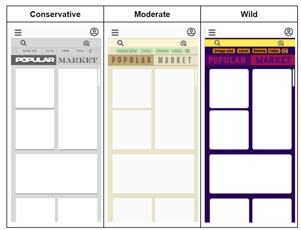 Three different potential visual styles for Fillery, depicting something conservative, moderate, and wild.