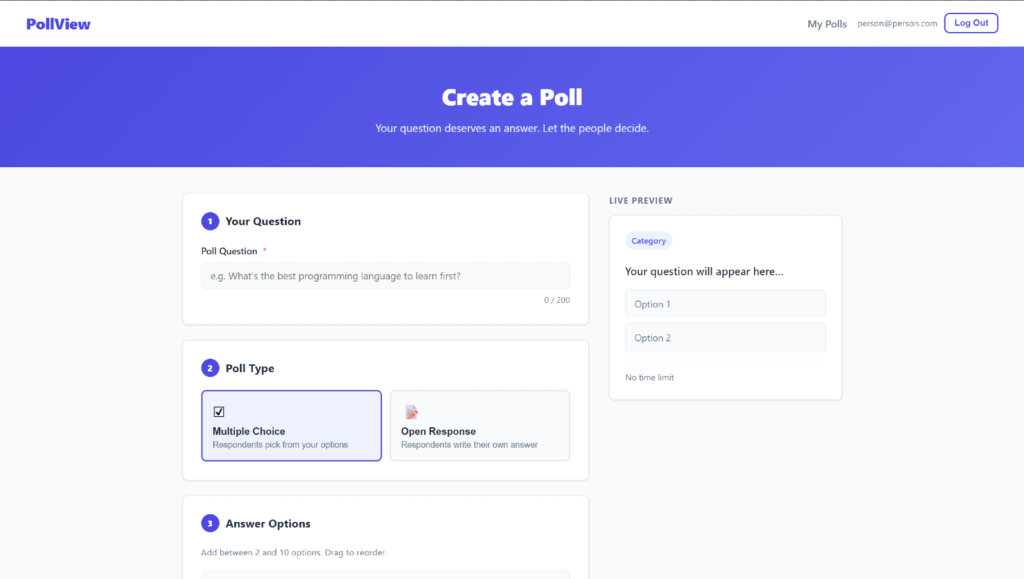 The page where users create a poll on PollView.