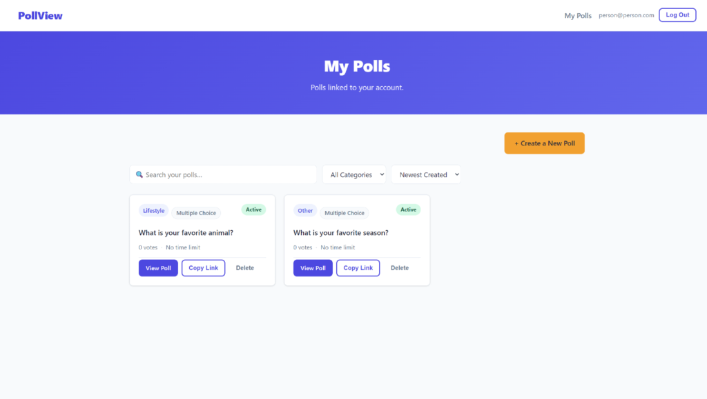 The user's dashboard of polls made on PollView.