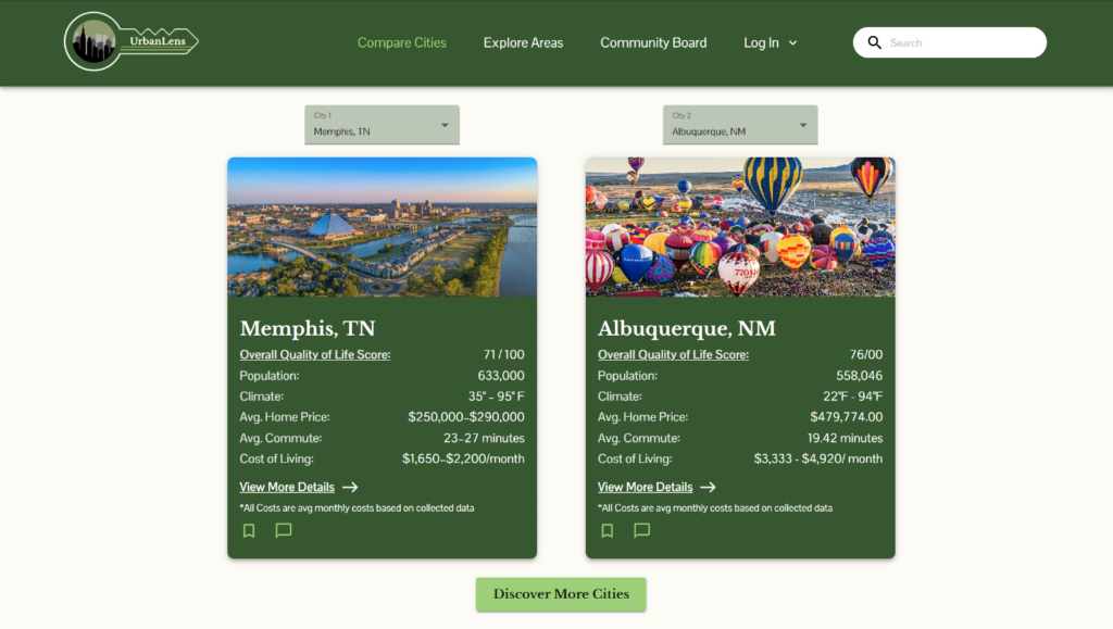 The page to compare two different cities based on various statistics.