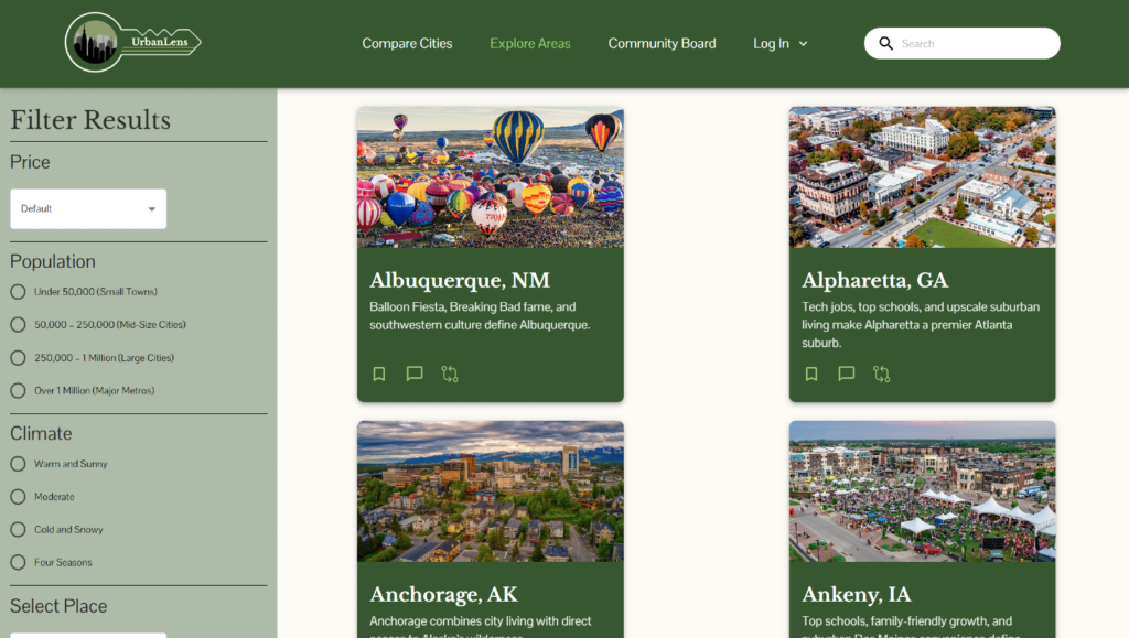 The page that contains all available cities with filtering options.
