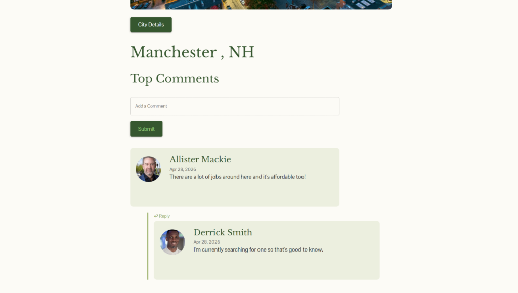 A city's page on the community board where uses can make comments and replies.