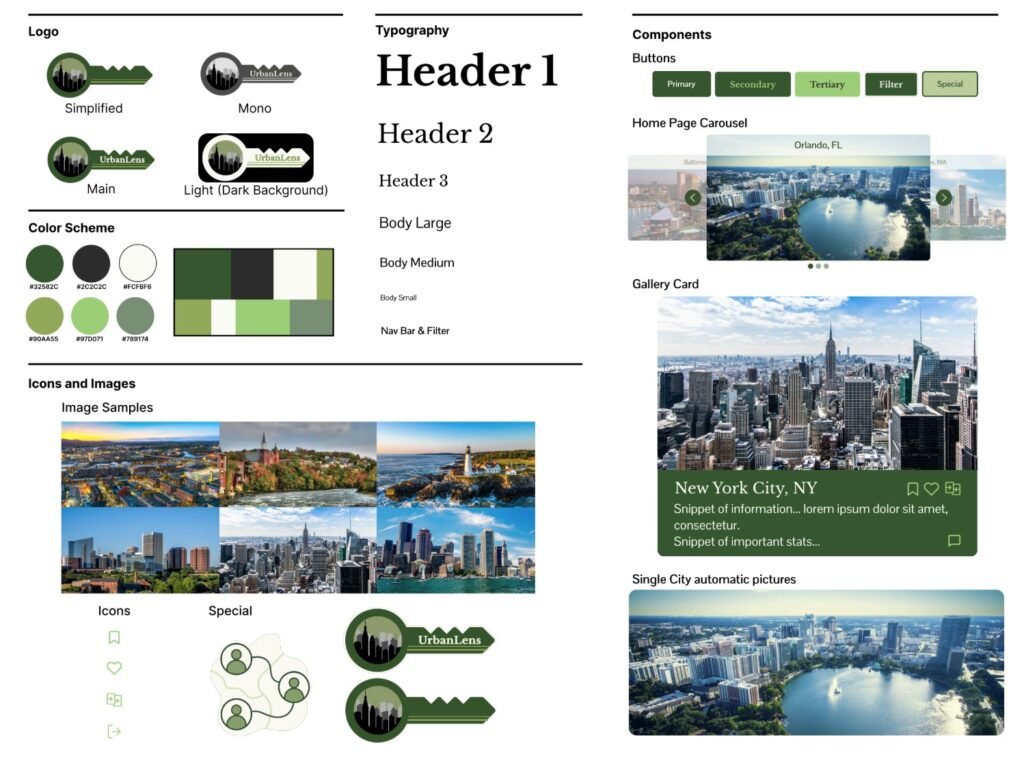 UrbanLens' style guide showing its color palette, typography, and logo.
